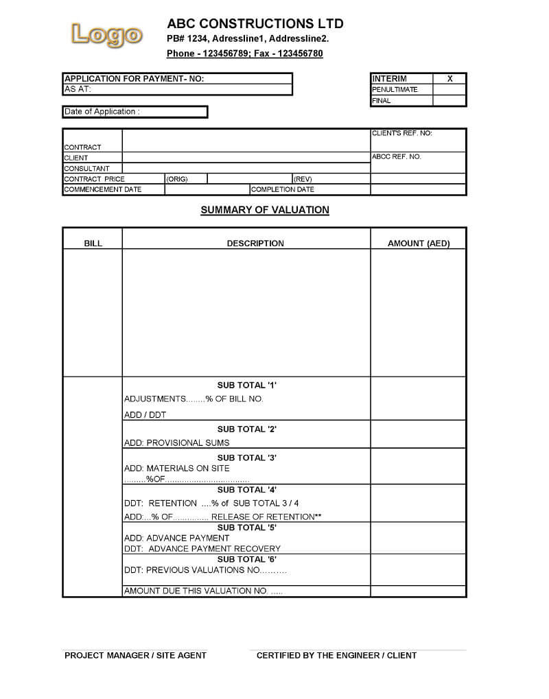Payment Application Format For Construction Companies Throughout Construction Payment Certificate Template