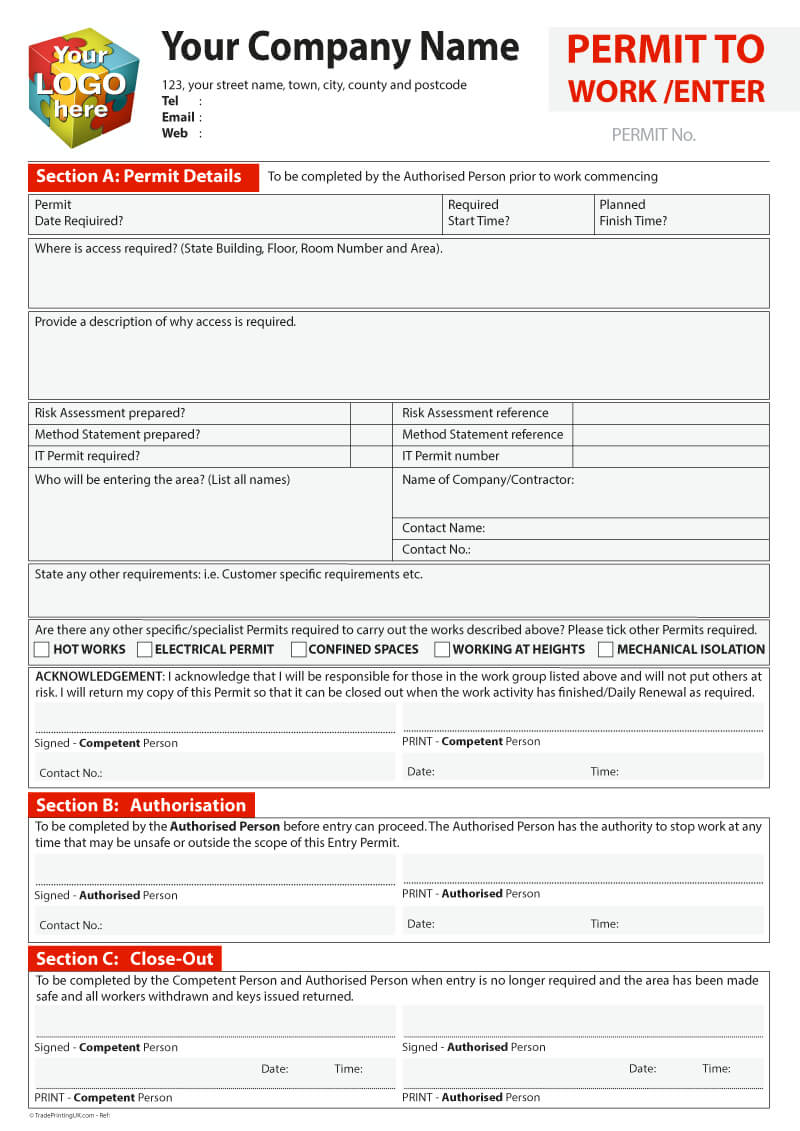 Permit To Work Template For Carbonless Printing From £40 With Electrical Isolation Certificate Template