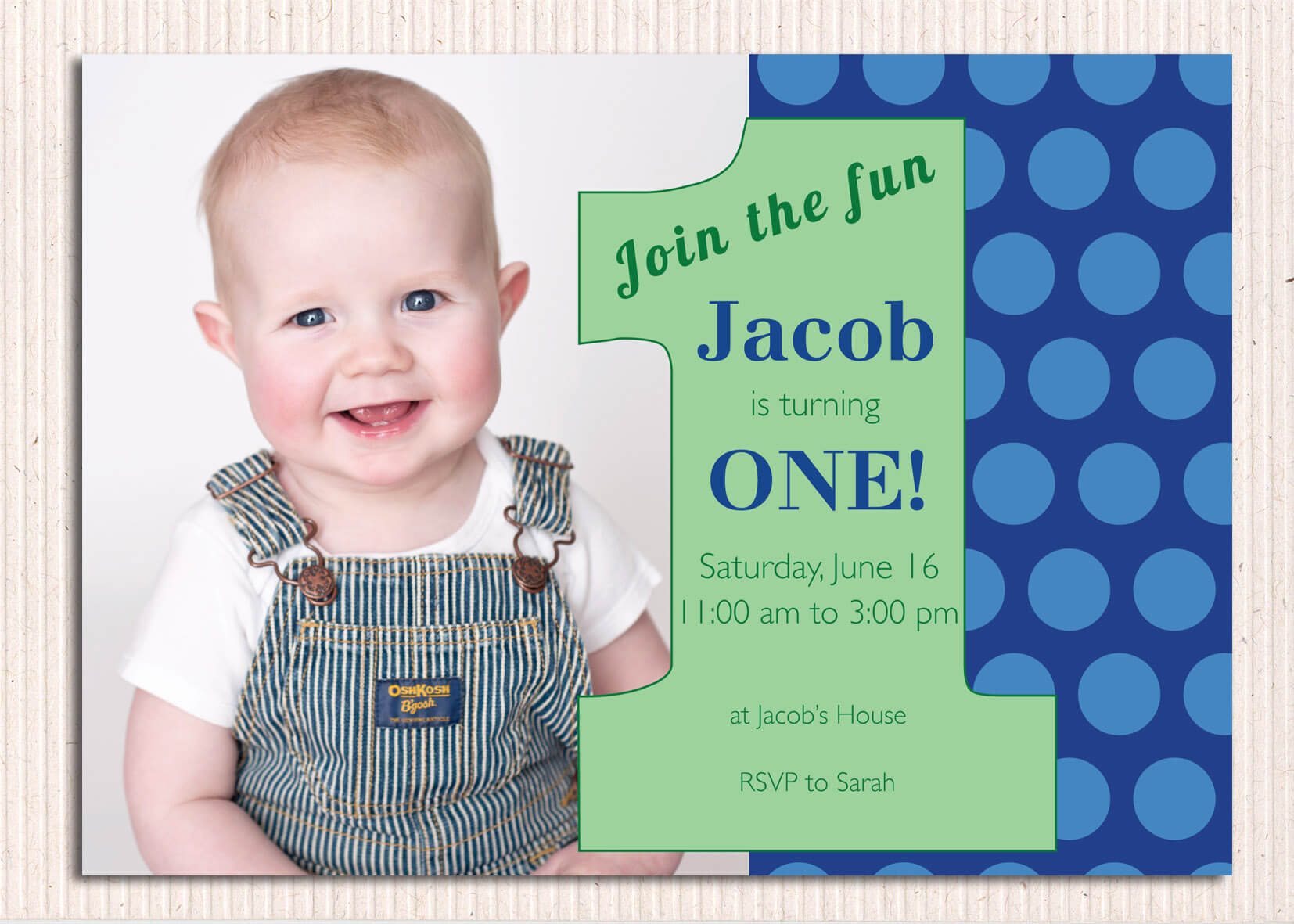Polka Dot Blue First Birthday Photo Invitations – Free Throughout First Birthday Invitation Card Template