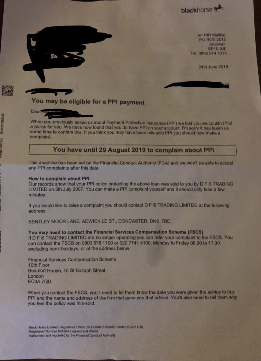 Ppi Letter From Blackhorse – Payment Protection Insurance Throughout Ppi Claim Letter Template For Credit Card