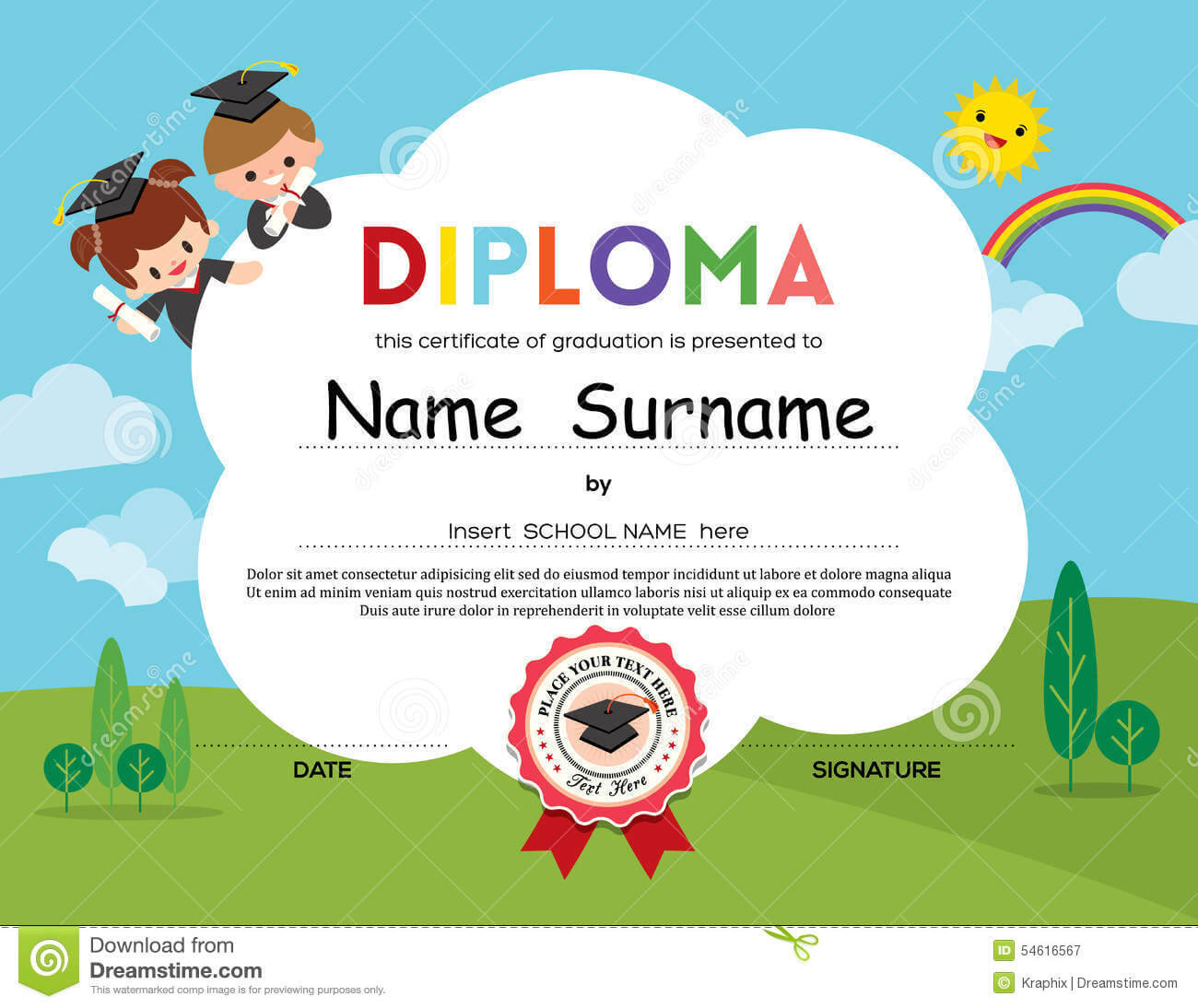Preschool Elementary School Kids Diploma Certificate With Regard To Free School Certificate Templates