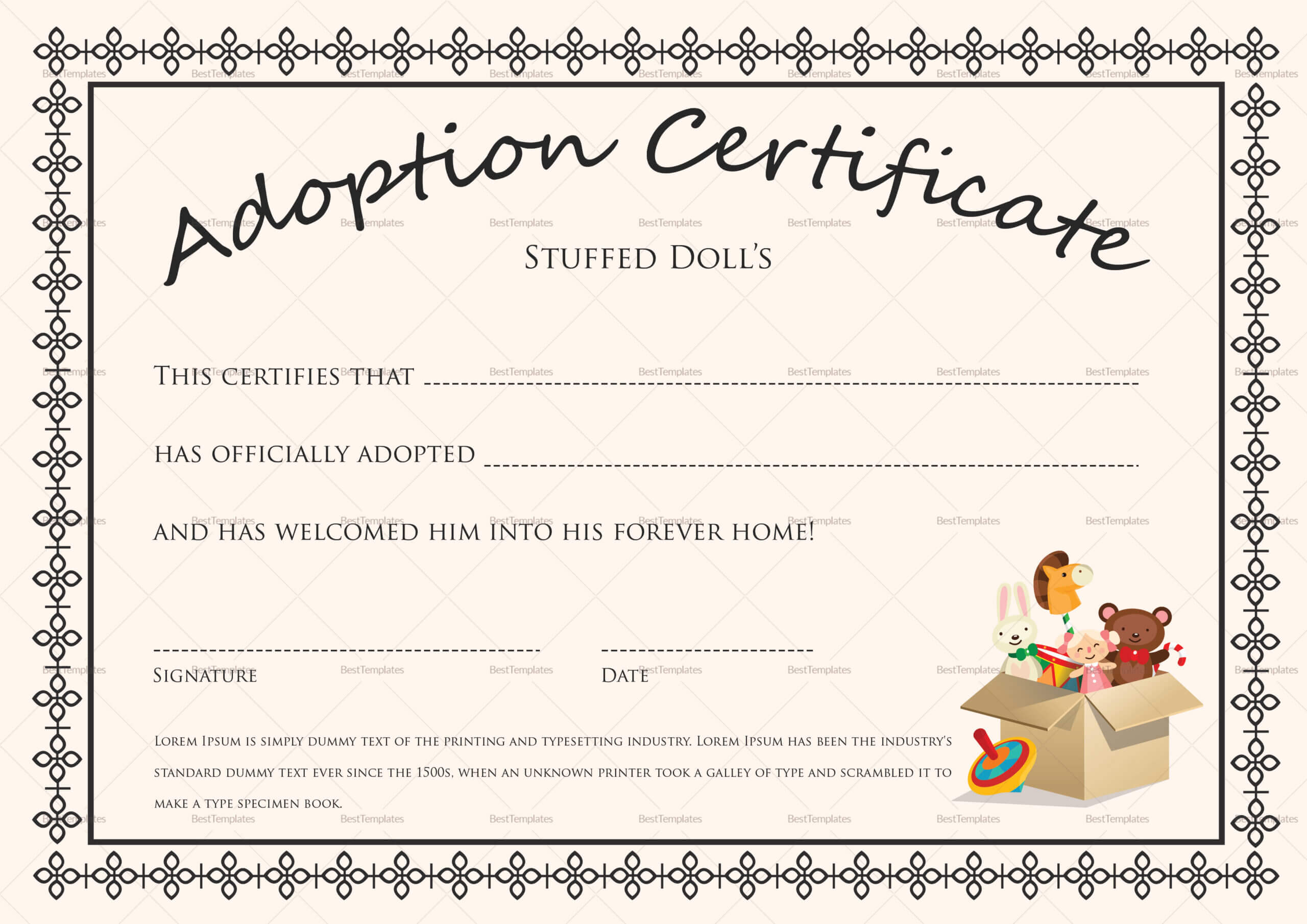 Printable Adoption Certificate That Are Satisfactory In Toy Adoption Certificate Template