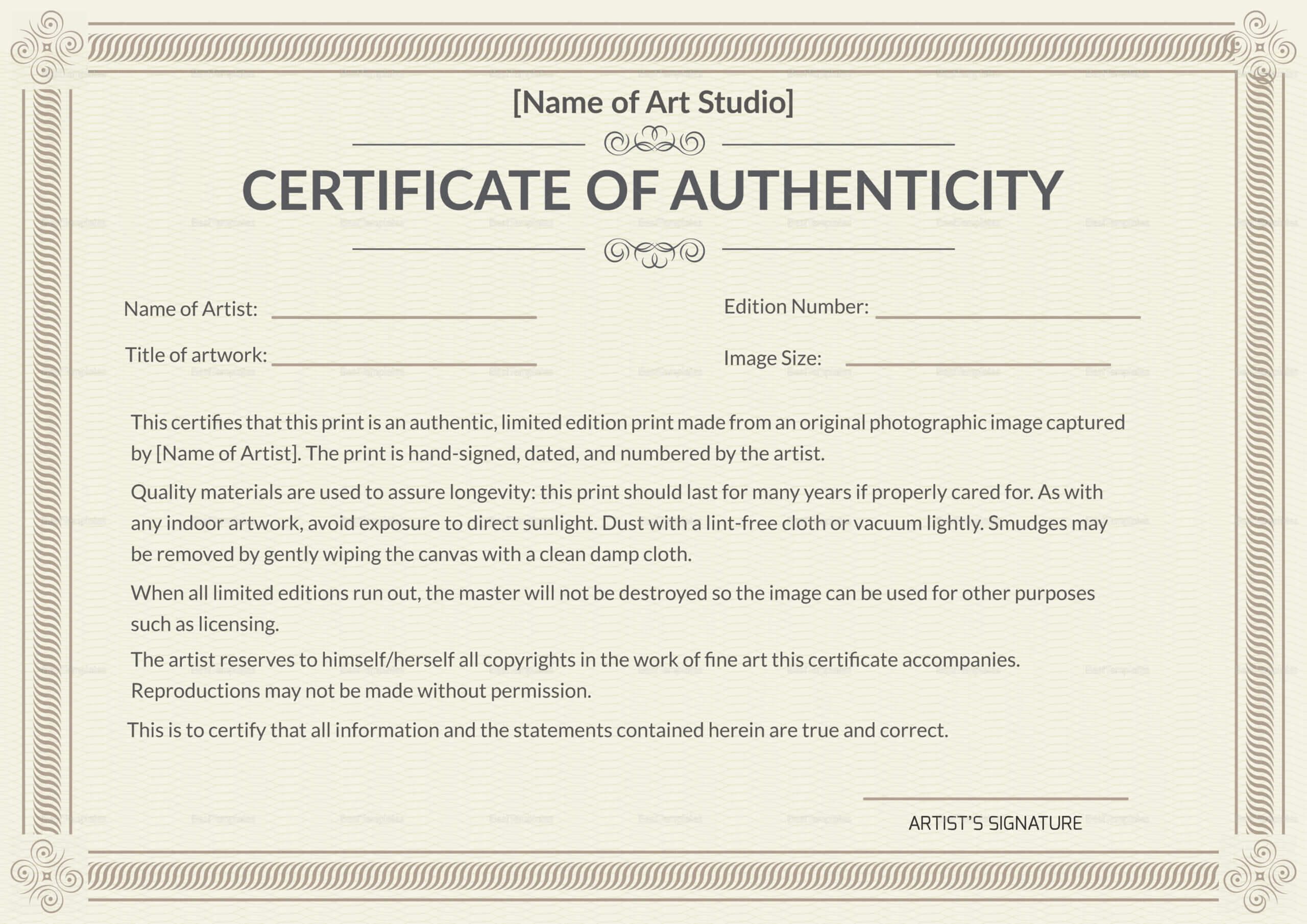 Printable Authenticity Certificate Template regarding Certificate Of ...