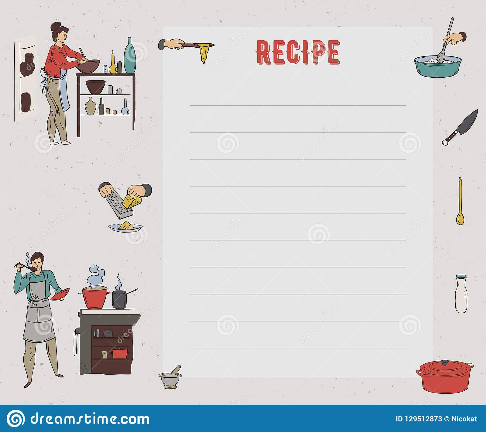 Recipe Card. Cookbook Page. Design Template With People Inside Restaurant Recipe Card Template