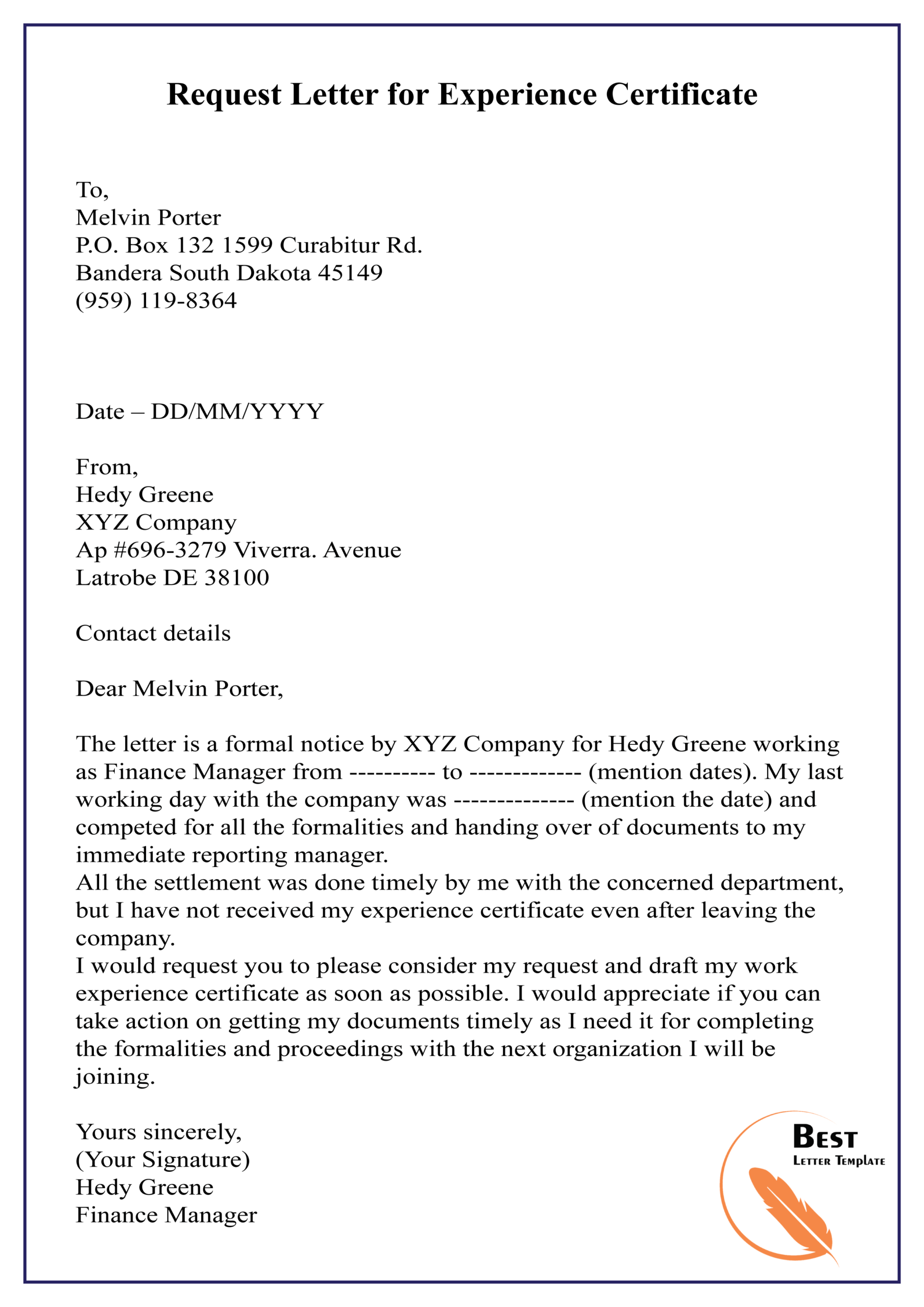 resignation letter format with request for experience certificate