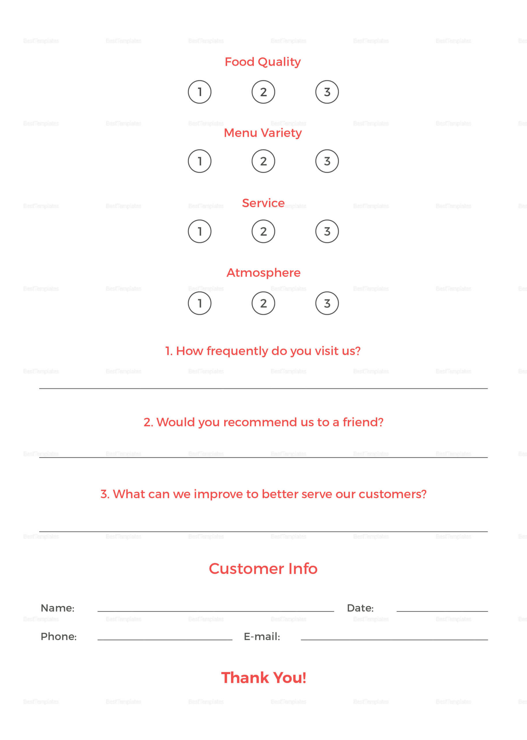 Restaurant Customer Comment Card Template In Psd, Word Inside Restaurant Comment Card Template