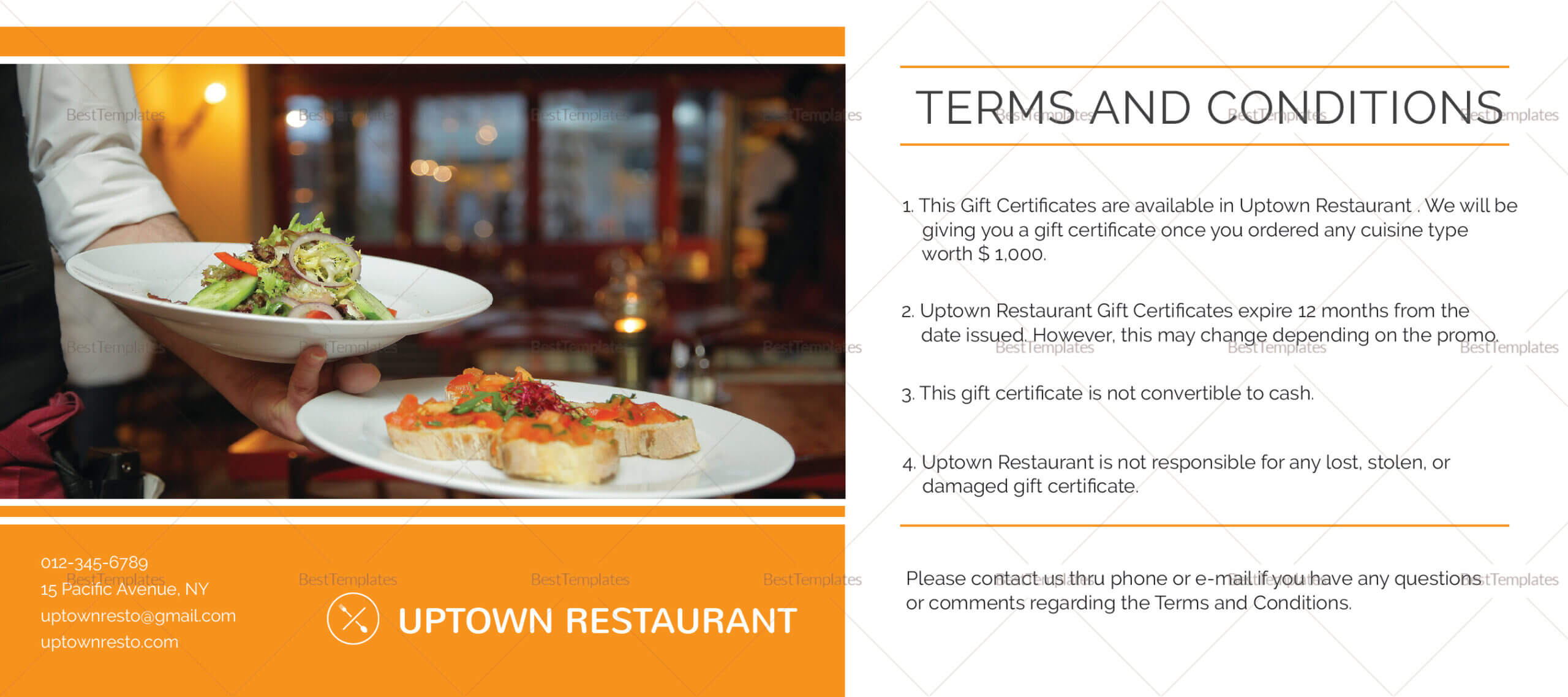 Restaurant Gift Certificate Template With Restaurant Gift Certificate Template