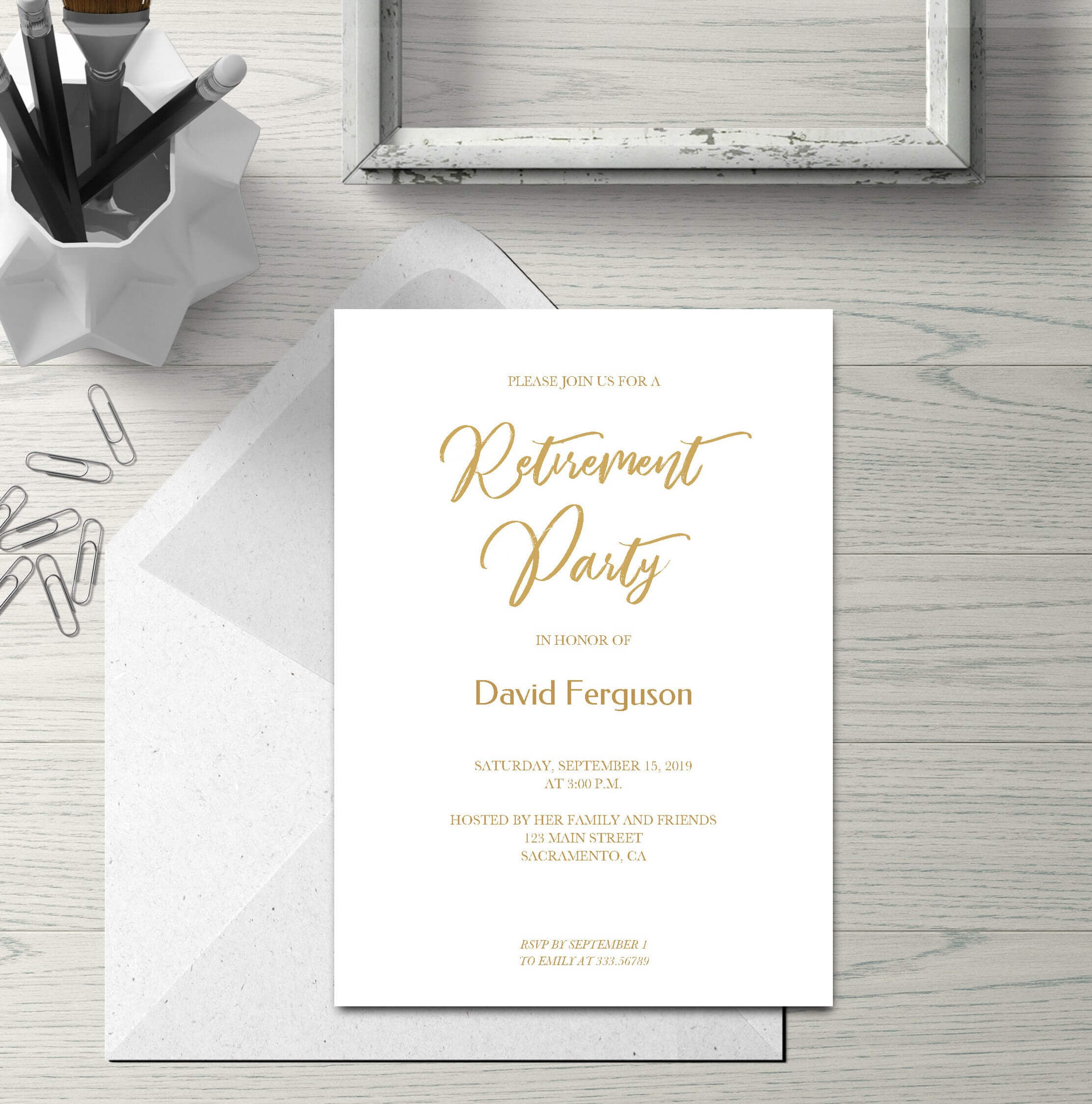 Retirement Party Invitation Card In Gold, Simple Calligraphy With Regard To Retirement Card Template
