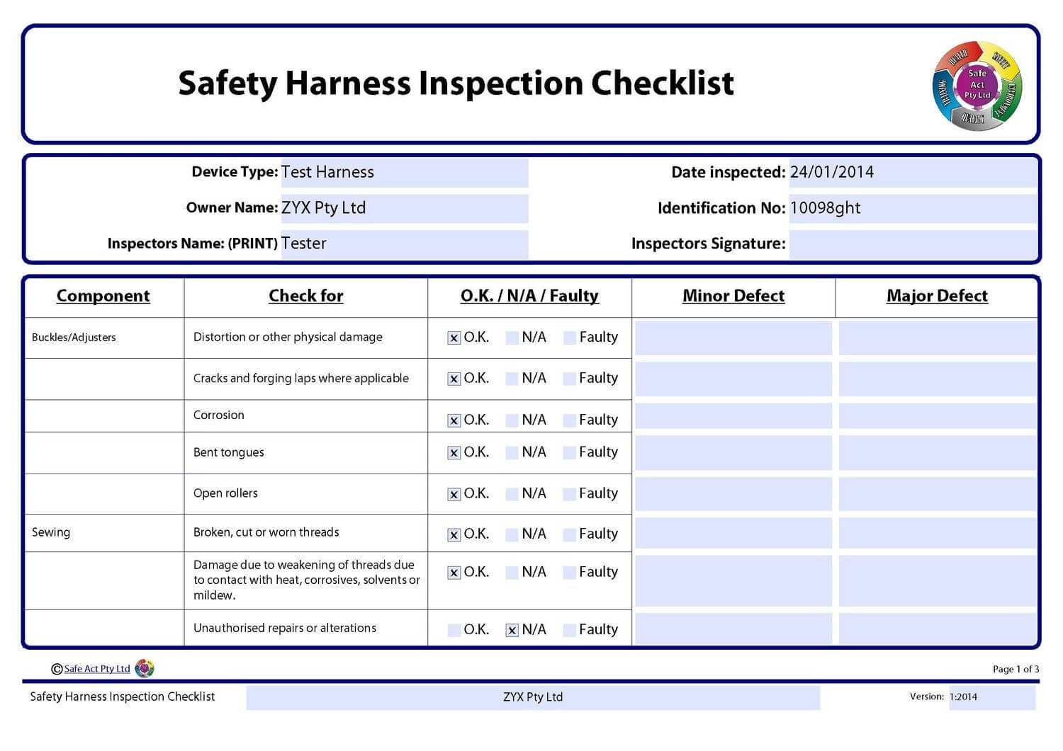 Safety Harness Inspection Checklist Inside Certificate Of Inspection Template