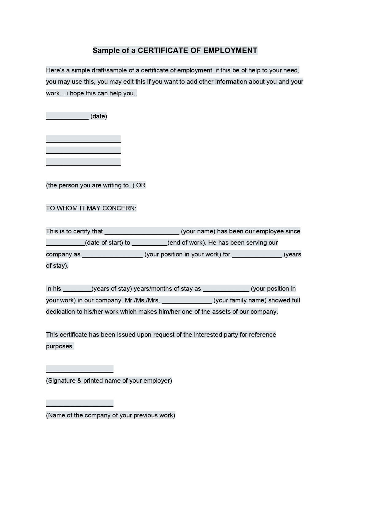 Sample Employment Certificate From Employer – Google Docs Intended For Template Of Certificate Of Employment
