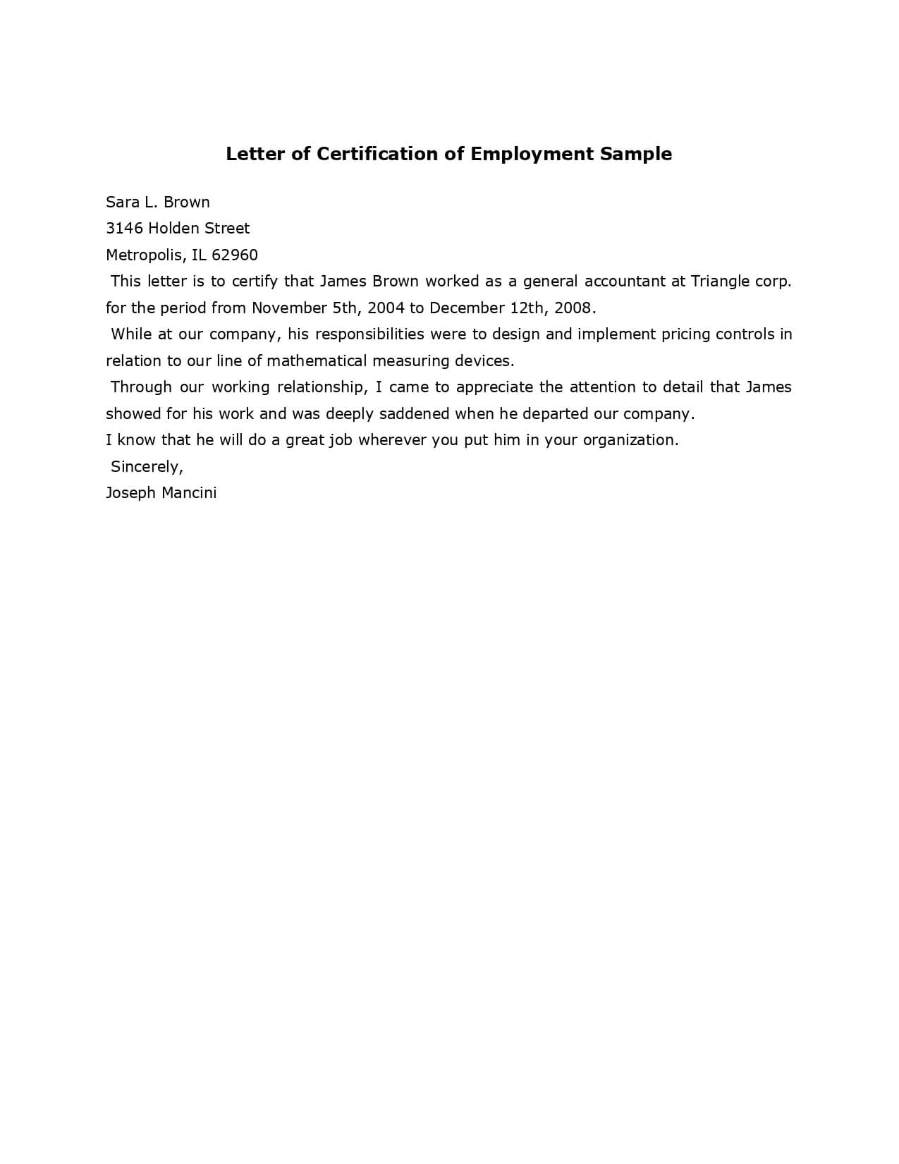 Sample Employment Certificate From Employer – Google Docs Within Sample Certificate Employment Template