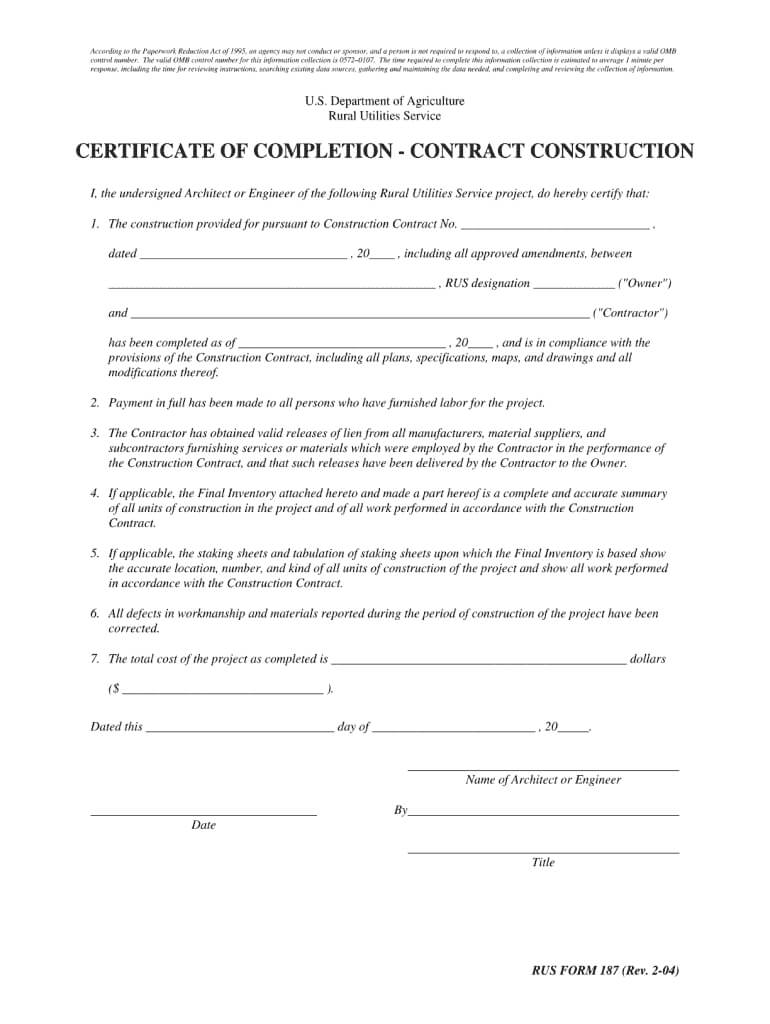 Sample Of Certificate Of Completion Of Construction Project Inside Certificate Of Completion Construction Templates