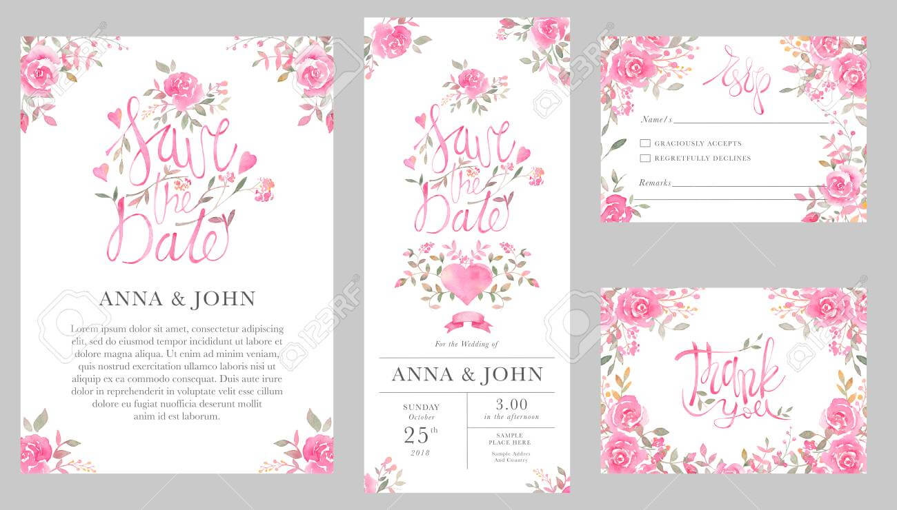 Set Of Wedding Invitation Card Templates With Watercolor Rose.. Pertaining To Sample Wedding Invitation Cards Templates