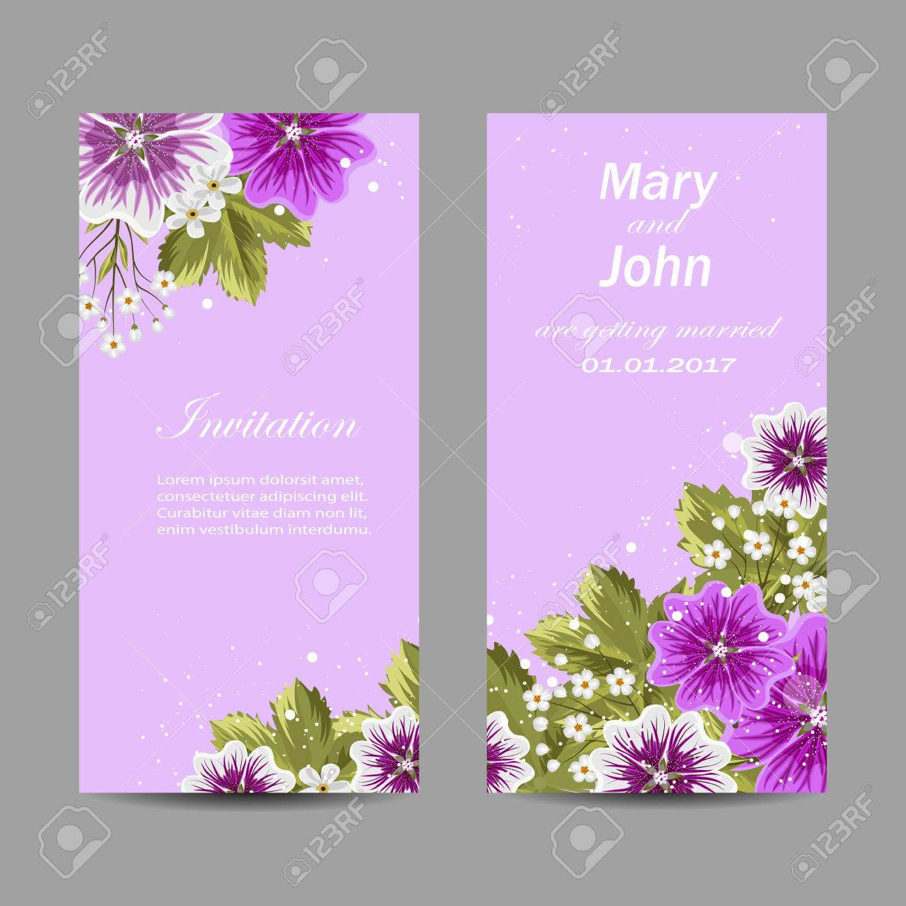 Set Of Wedding Invitation Cards Design. Beautiful Mallow Flowers.. With Invitation Cards Templates For Marriage