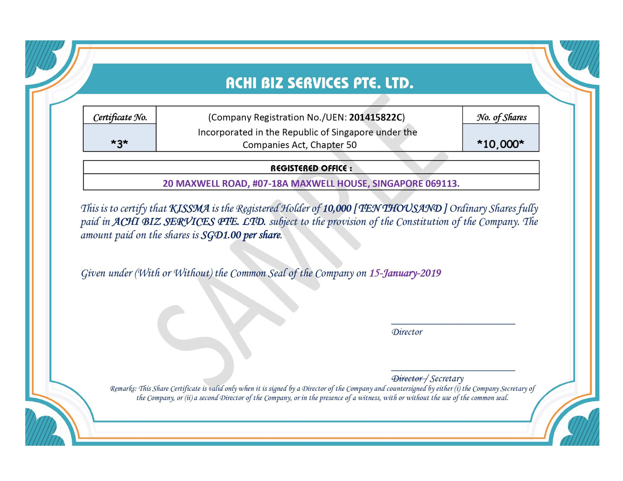 Share Certificate In Singapore ~ Achibiz Pertaining To Template Of Share Certificate