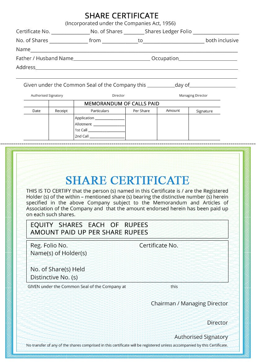 Share Certificate – Indiafilings Intended For Template For Share Certificate