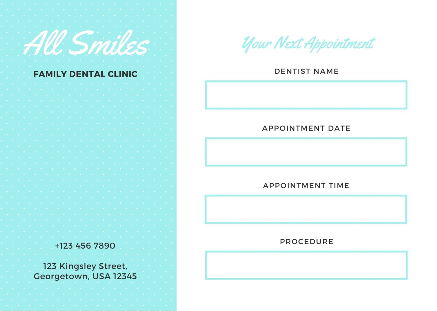 Simple Aqua And White Dentist Appointment Card Templates for Dentist