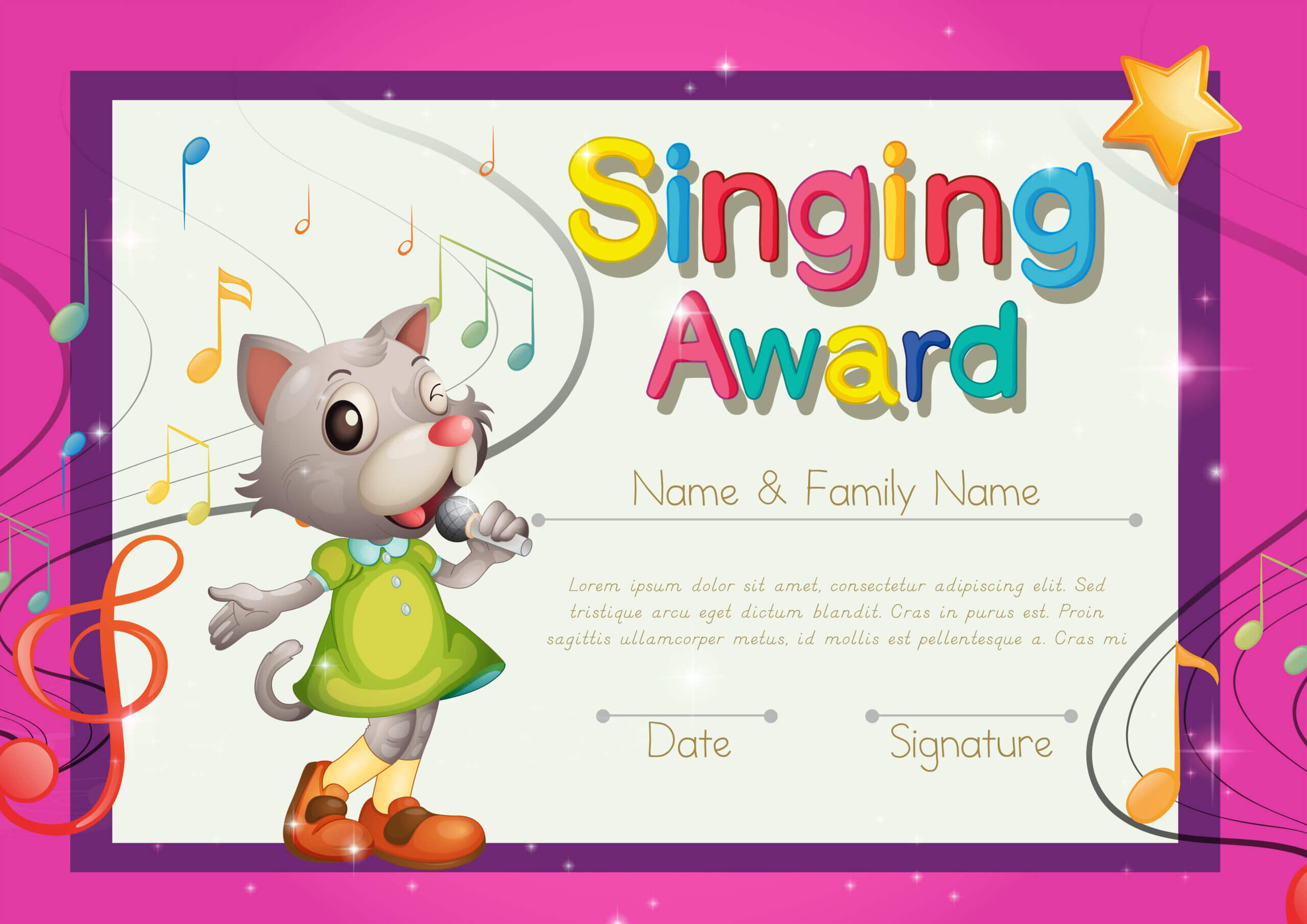 Singing Award Template With Kitten Singer – Download Free With Choir Certificate Template
