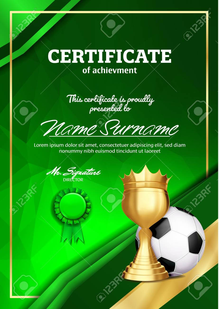 Soccer Certificate Diploma With Golden Cup Vector. Football For Soccer Award Certificate Template