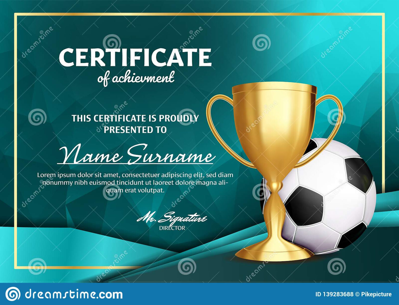 Soccer Certificate Diploma With Golden Cup Vector. Football Regarding