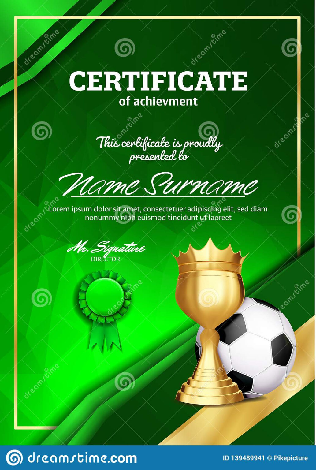 Soccer Certificate Diploma With Golden Cup Vector. Football With Soccer