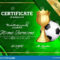 Soccer Certificate Diploma With Golden Cup Vector. Sport With Soccer Award Certificate Template