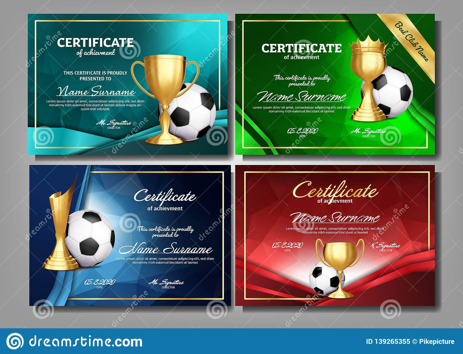 Soccer Game Certificate Diploma With Golden Cup Set Vector Inside Soccer Award Certificate Templates Free