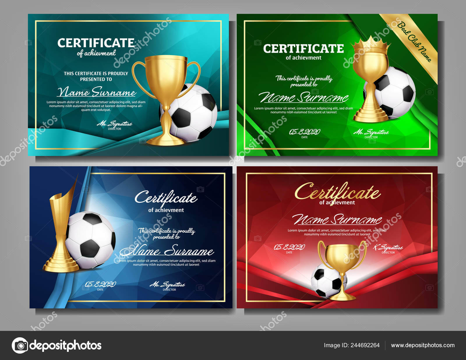 Soccer Game Certificate Diploma With Golden Cup Set Vector Intended For Soccer Award Certificate Template