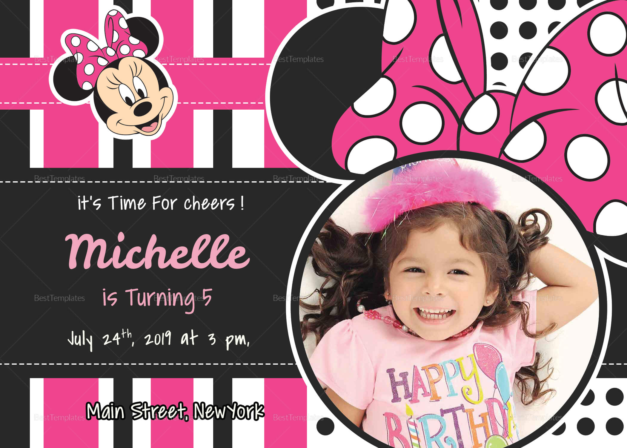 Sparkling Minnie Mouse Birthday Invitation Card Template Pertaining To Minnie Mouse Card Templates