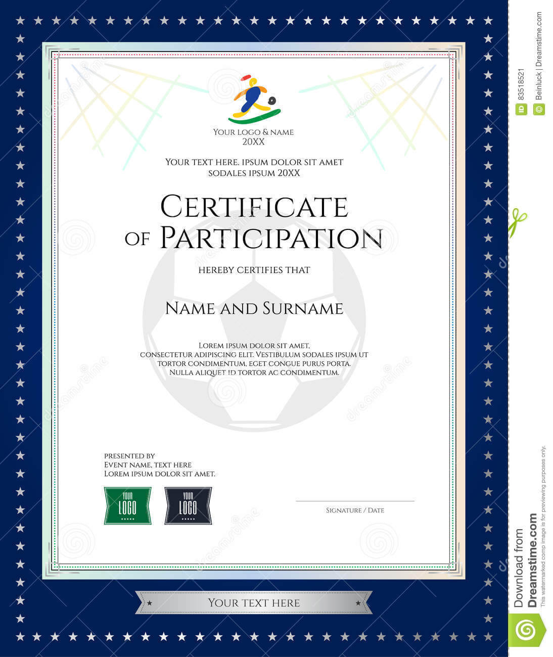 Sport Theme Certificate Of Participation Template Stock With Regard To Football Certificate Template