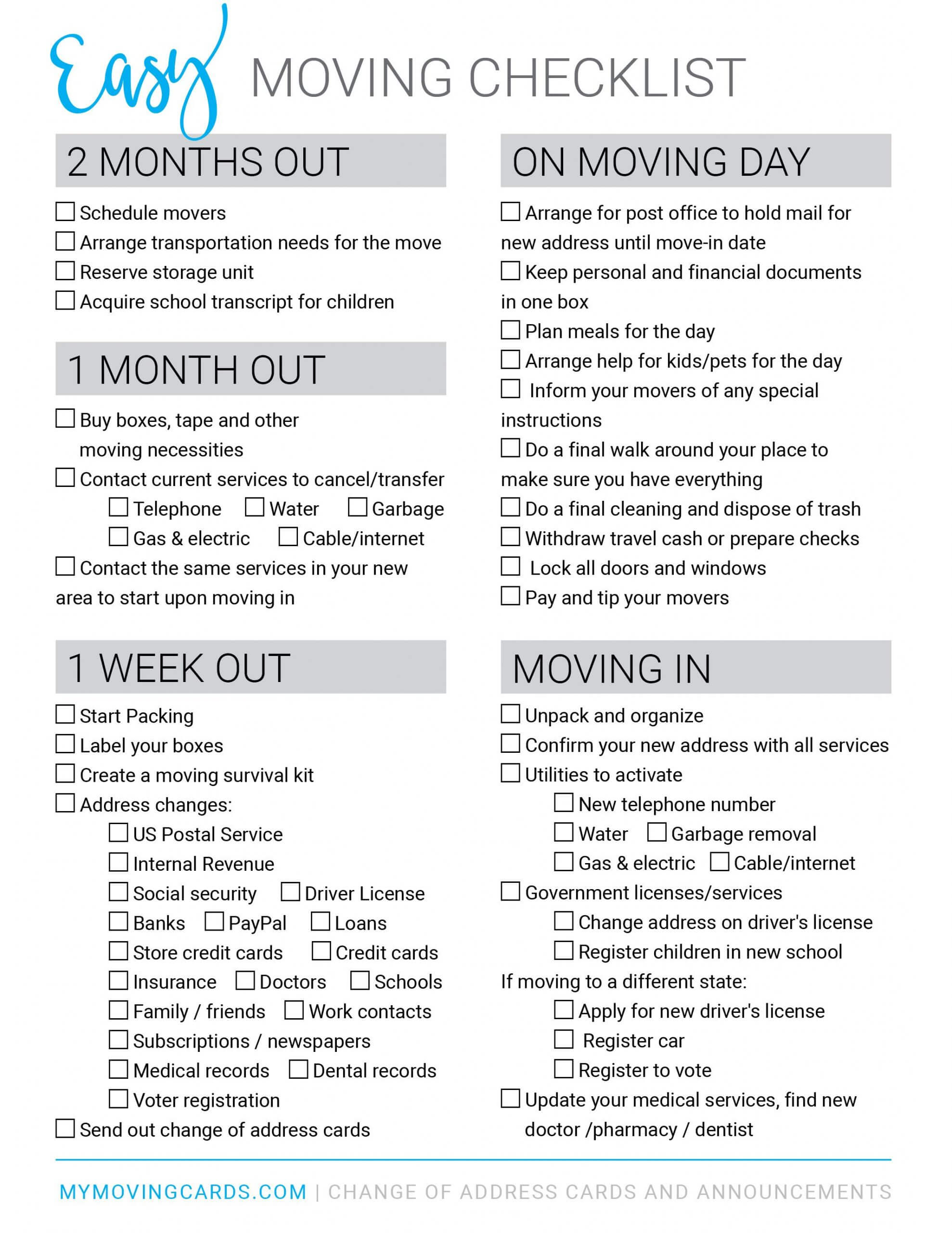 Spreadsheet Moving House Checklist Free Printable Download Inside Free Moving House Cards Templates