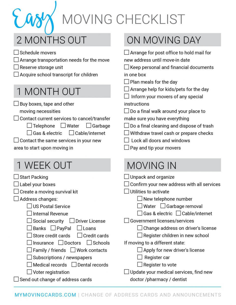 Spreadsheet Moving House Checklist Free Printable Download With Moving Home Cards Template
