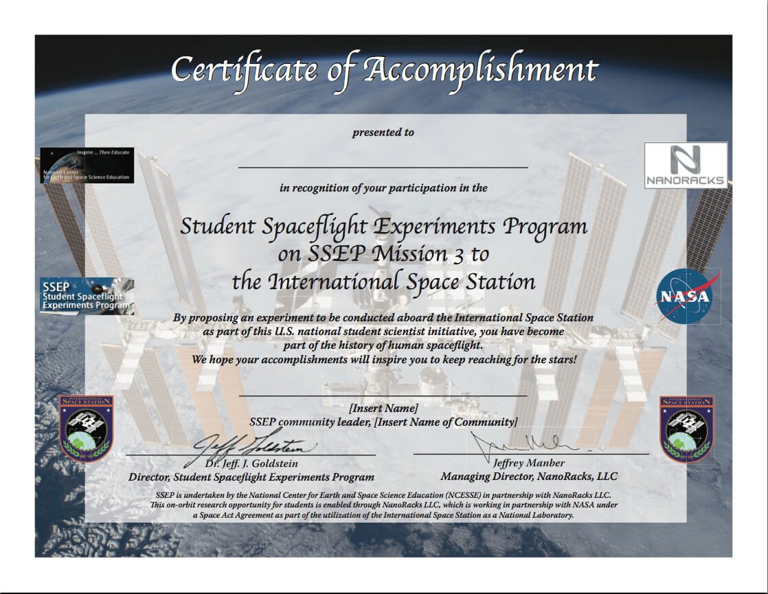 Ssep Mission 3 To Iss Student Certificates Of Accomplishment For Conference Participation Certificate Template
