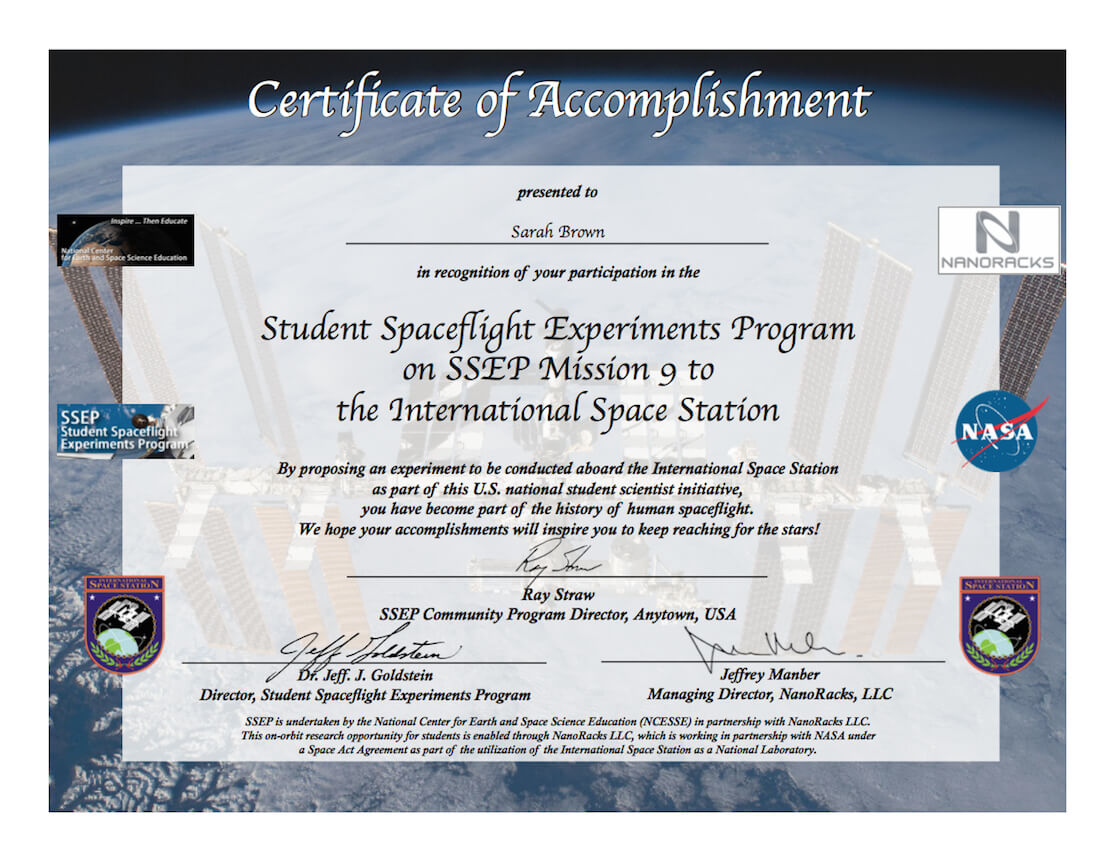 Ssep Mission 9 To Iss Student Certificates Of Accomplishment Pertaining To International Conference Certificate Templates