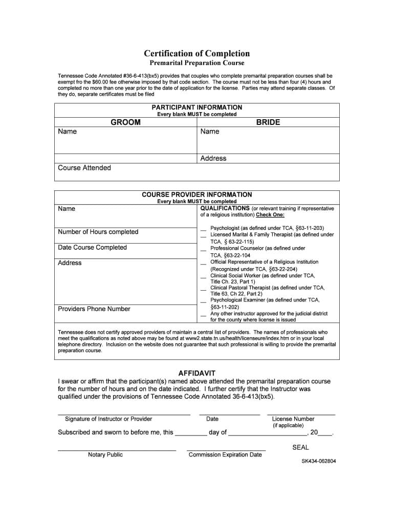 Tennessee Premarital Counseling Form – Fill Online Pertaining To Premarital Counseling Certificate Of Completion Template