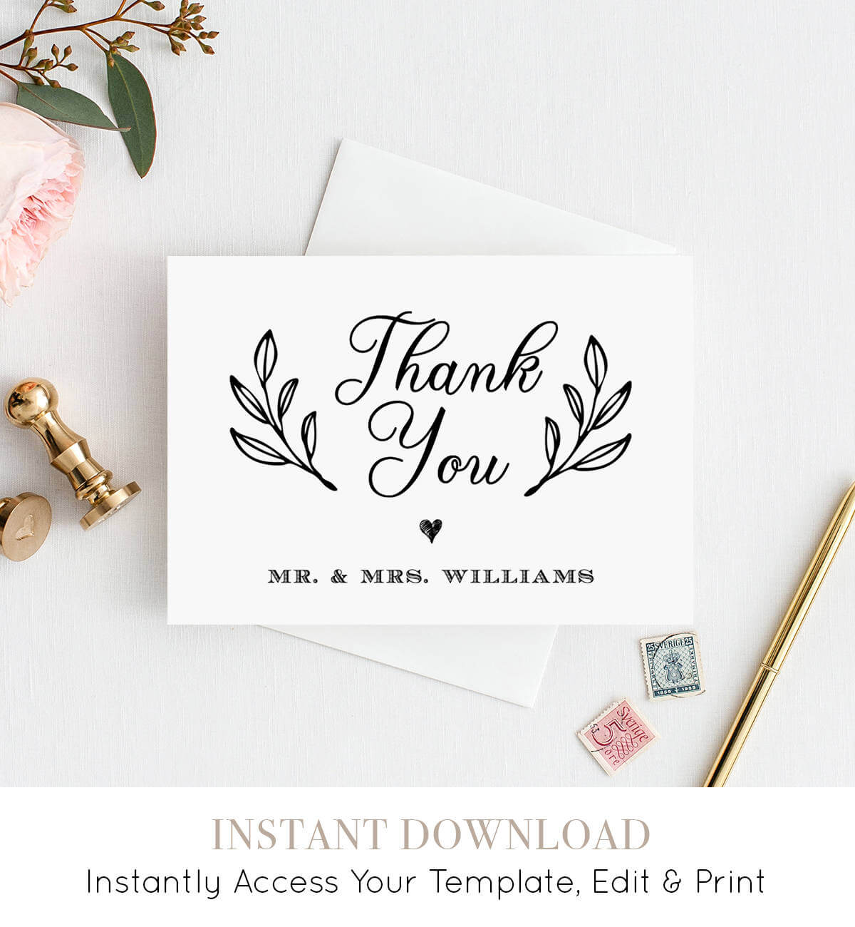Thank You Card Template, Printable Rustic Wedding Thank In Thank You Note Card Template