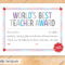 The Fine Porcupine — World's Best Teacher Award, Printable With Regard To Best Teacher Certificate Templates Free