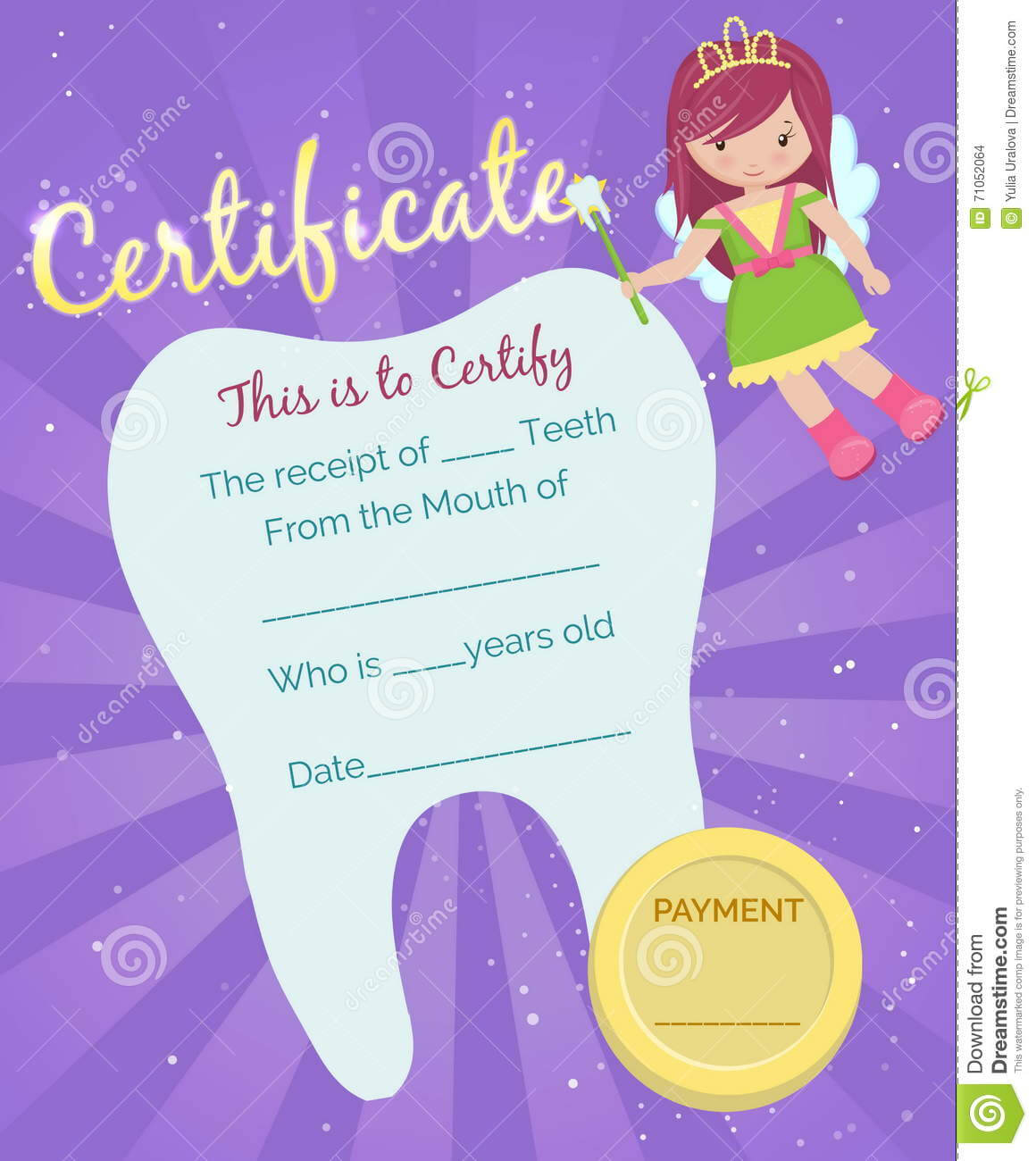 Tooth Fairy Receipt Certificate Template Stock Vector Inside Tooth Fairy Certificate Template Free