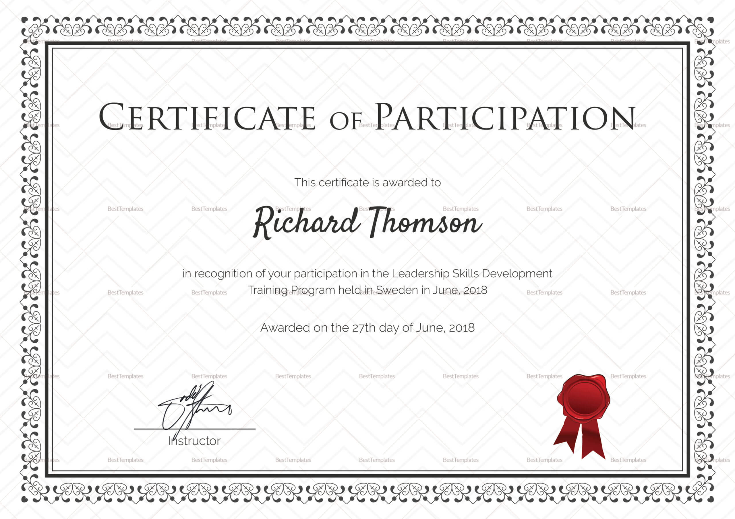 Training Participation Certificate Template – Dalep Throughout Training Certificate Template Word Format