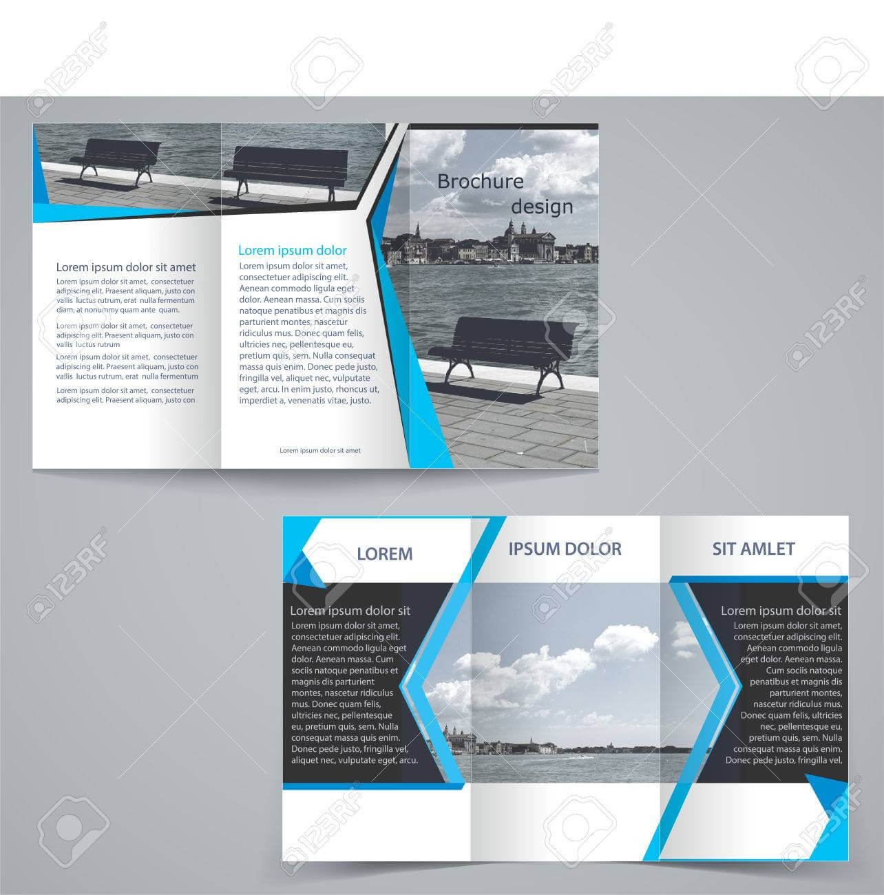 Tri Fold Business Brochure Template, Two Sided Template Design In Blue  Color. For Double Sided Tri Fold Brochure Template
