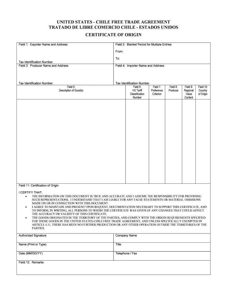 United States Chile Trade Agreement Form – Fill Online In Certificate Of Origin For A Vehicle Template
