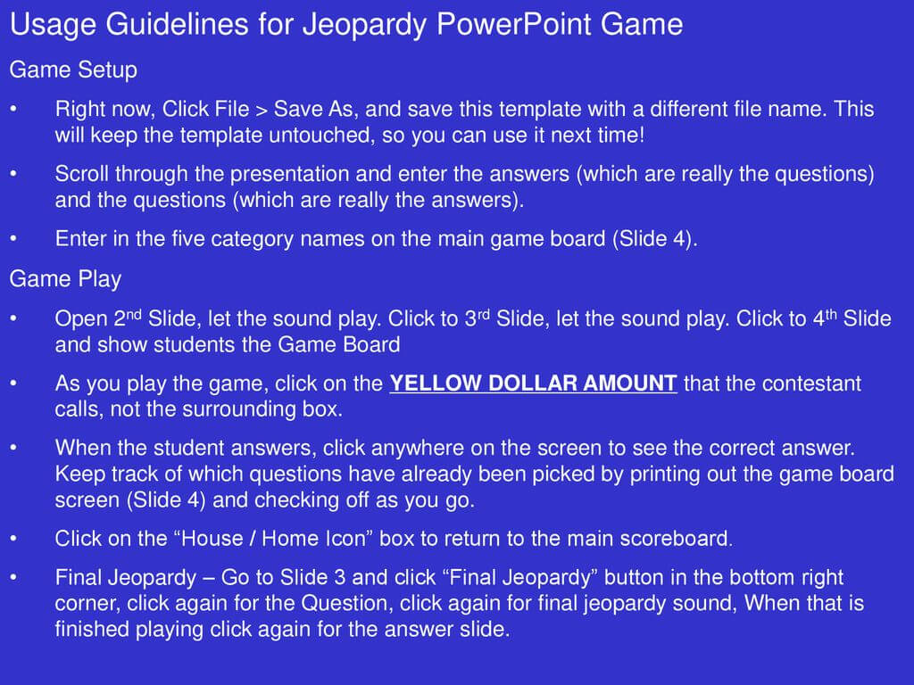 Usage Guidelines For Jeopardy Powerpoint Game – Ppt Download With Jeopardy Powerpoint Template With Sound
