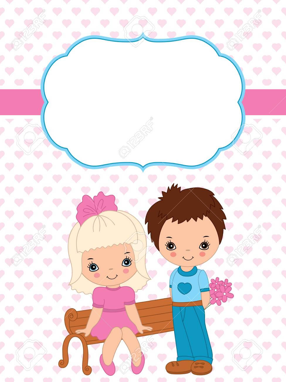Valentine's Card Vector Template With Cute Little Kids On Hearts.. Throughout Valentine Card Template For Kids