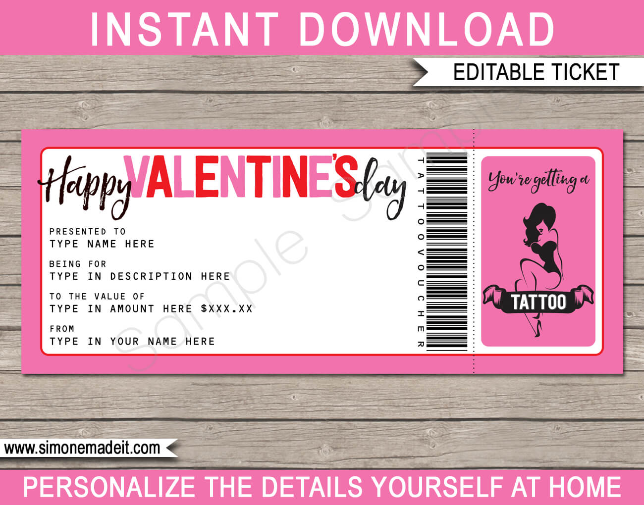 Valentine's Day Tattoo Gift Vouchers For Pink Gift Certificate Template