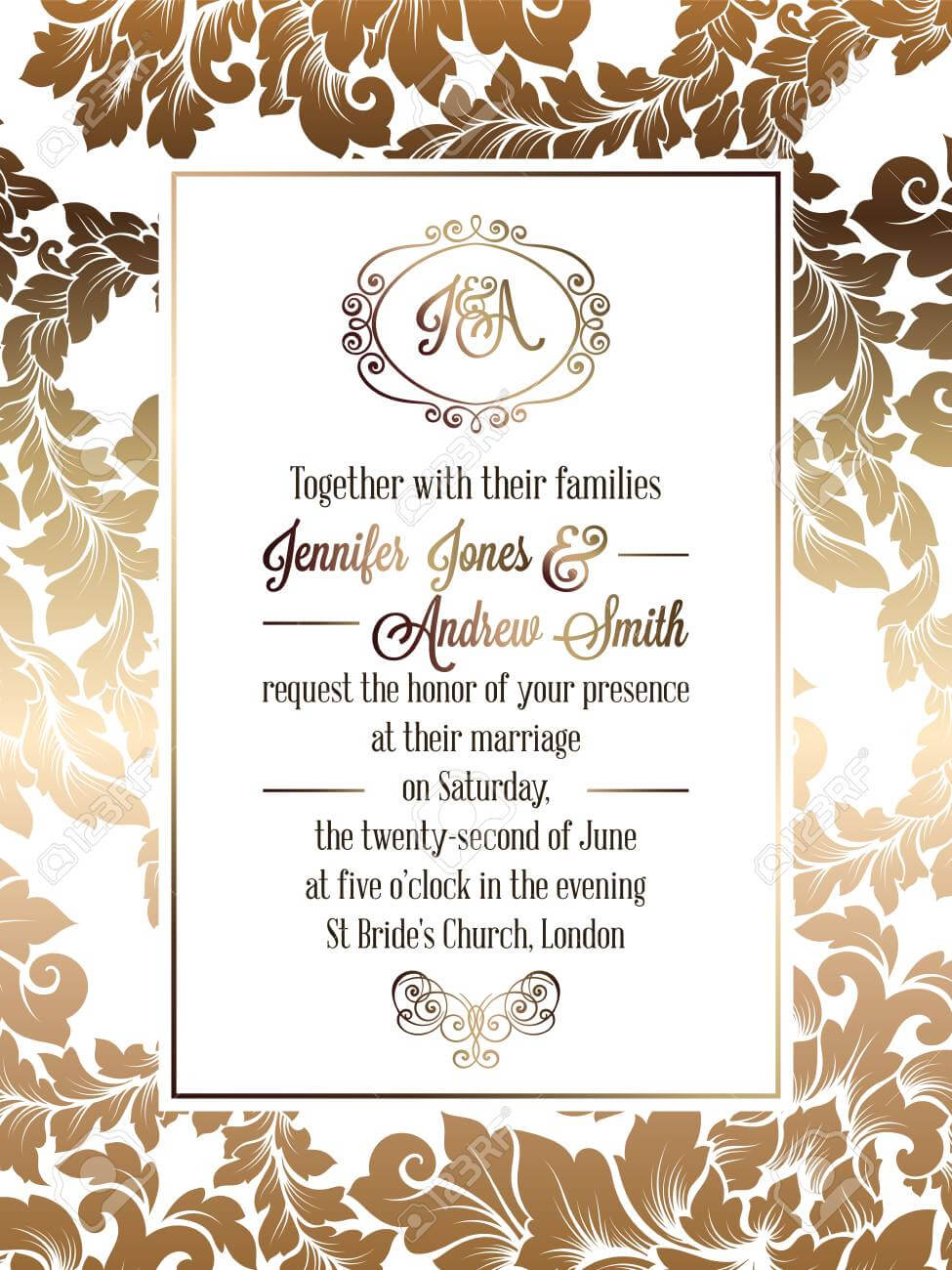 Vintage Baroque Style Wedding Invitation Card Template.. Elegant.. In Church Wedding Invitation Card Template