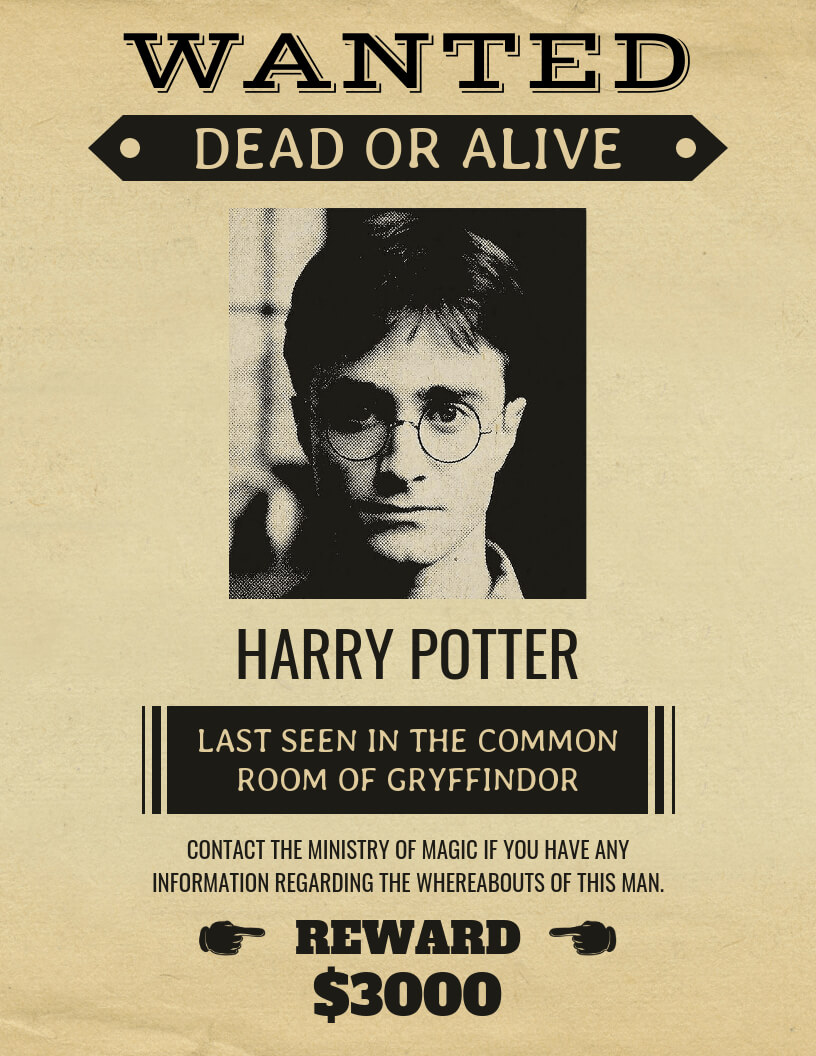 Vintage Harry Potter Wanted Poster Template throughout Harry Potter