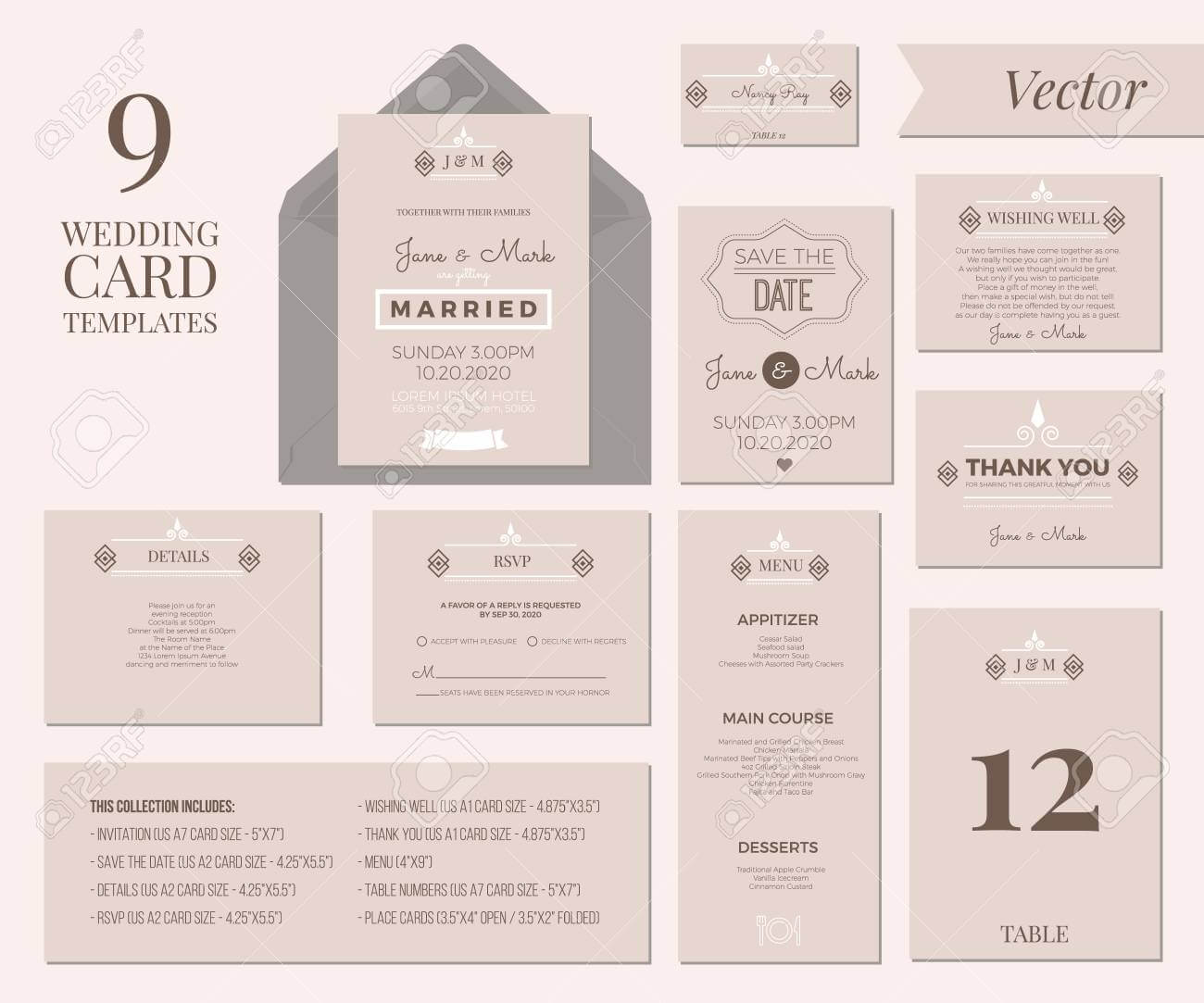 Vintage Minimal Wedding Invitation Card Collection Set Template.. With Place Card Size Template