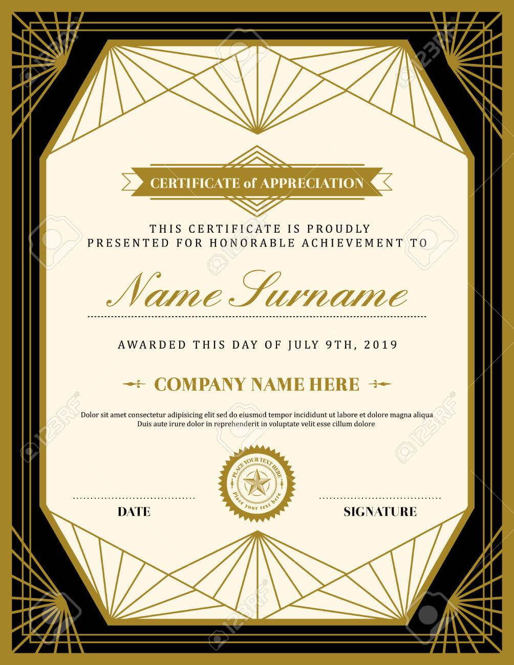 Vintage Retro Art Deco Frame Certificate Background Design Template Intended For Free Art Certificate Templates