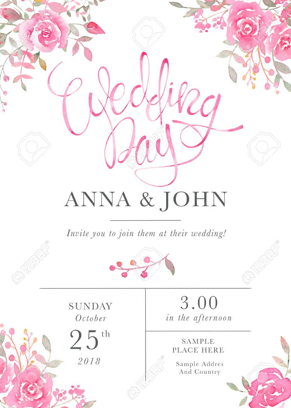Wedding Invitation Card Template With Watercolor Rose Flowers With Free E Wedding Invitation Card Templates