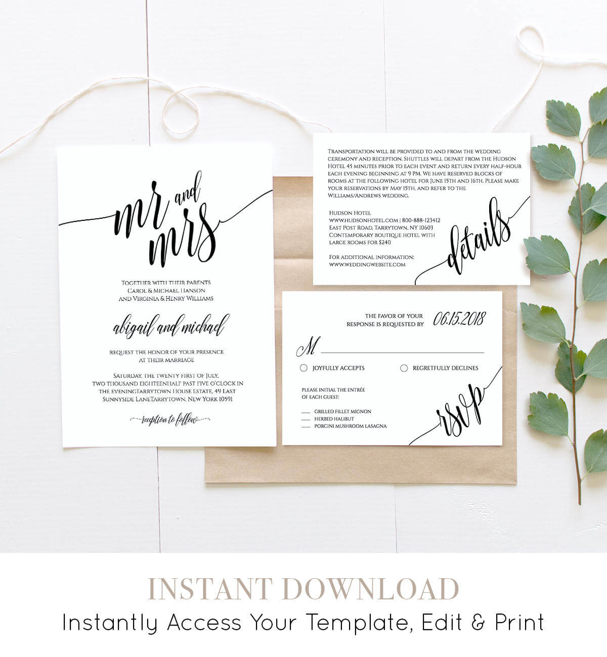 Wedding Invitation Template, Instant Download, Rustic For Wedding Hotel Information Card Template